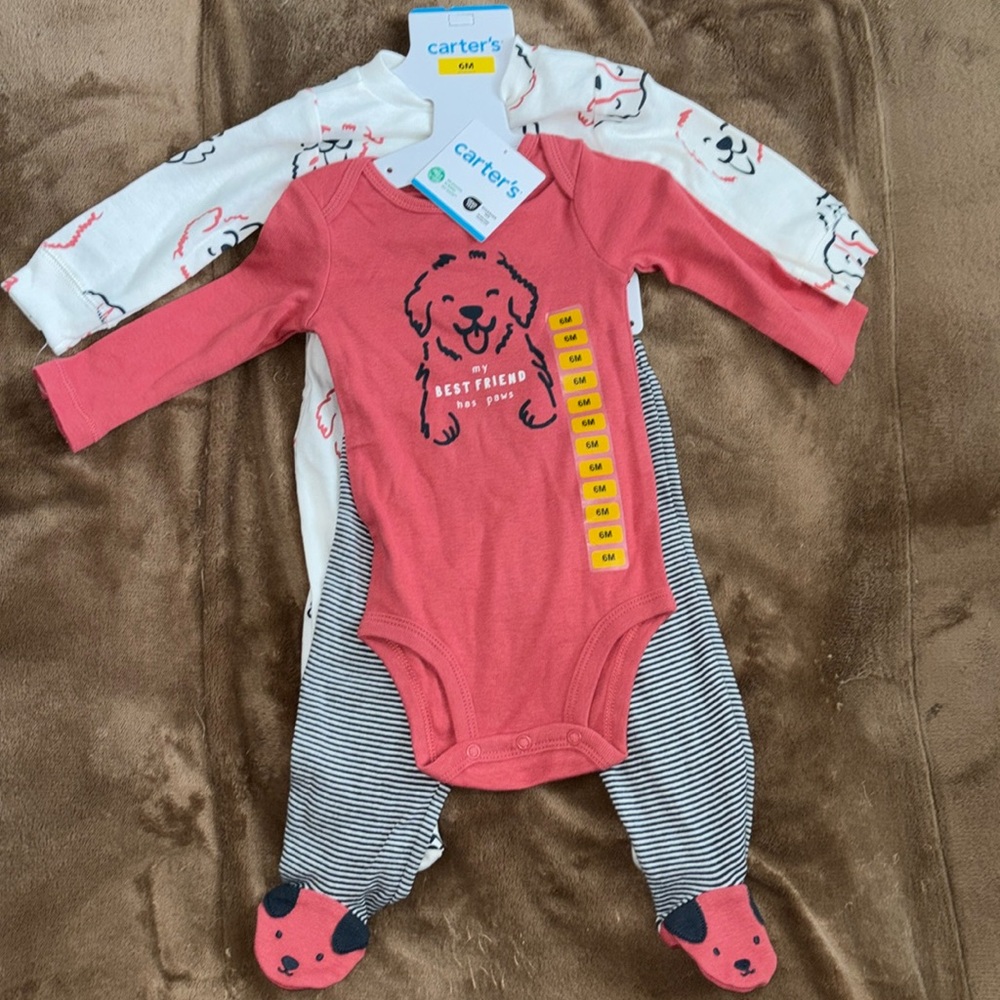 🌴Carter's 3 Piece Baby Two Way Zip Machine Washable Layette Set -Puppy Size 6 Mo